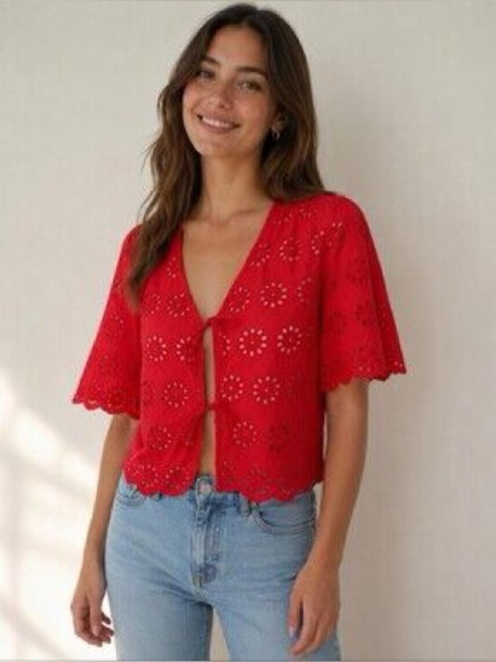 Joie Red Eyelet Tie-Front Crop Top XS 100% cotton
